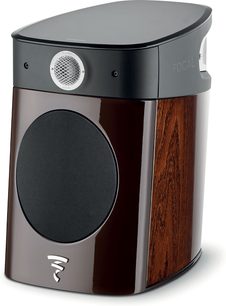 Focal Sopra N°1 boghøjttaler macassar, set forfra, træfinish, sølvfarvet diskant, sort cirkulært gitter