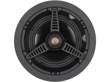 Pohľad spredu na vstavaný reproduktor Monitor Audio Core C165, čierny kruhový reproduktor so zlatým výškovou reproduktorom v strede