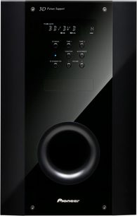 Pioneer HTP-710 3D Picture Support sort højttaler, frontvisning, blå skærm, knapper og cirkulær bass-reflex-port
