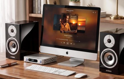 Altavoces Yamaha negros a ambos lados de un iMac que muestra un reproductor de música, con un amplificador plateado