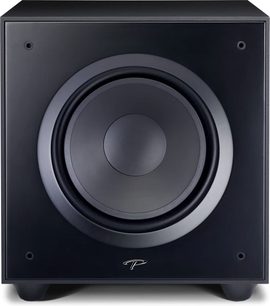 Paradigm Defiance V12 subwoofer i sort satin, kubisk, mørkegrå cirkulær højttaler på forsiden