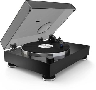 Hi-fi draaitafel Reloop TURN X zwart, 3/4 vooraanzicht rechts, transparante stofkap open, tonarm