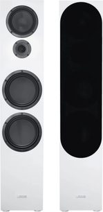 Staande luidsprekers Canton GLE 100 S2 mat wit, vooraanzicht, één met zichtbare drivers, één met zwarte frontgrille