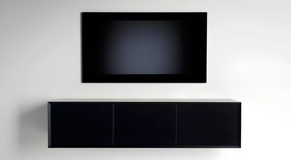 Dulap audio-video Clic Classic Series Model 232, negru mat, din material neted, cu trei uși aliniate la față, montat pe perete