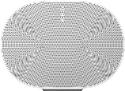 Bílý matný reproduktor Sonos Era 300, pohled zepředu, kruhová perforovaná bílá mřížka, logo "Sonos" uprostřed