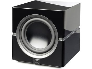 Caisson de grave Dynamo 10 noir laqué avec boîtier cubique, surface brillante, haut-parleur circulaire argenté en façade