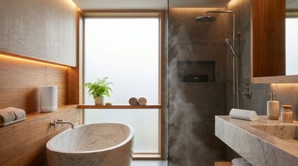 White and black wireless speakers in a modern bathroom with an oval bathtub and walk-in shower