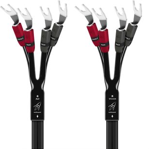 AudioQuest Rocket 11 SBA højttalerkabel til bi-wiring med metalgafler og røde/grå markeringer for bas/diskant