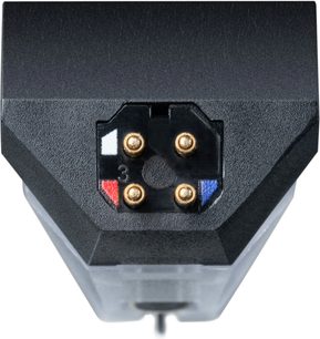 Pickup til hi-fi pladespiller Pick It Pro Balanced, set forfra, guldbelagte stik i midten, farvemarkeringer i rød, blå og hvid