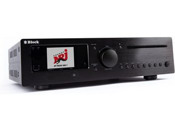 Alt-i-en hi-fi-system Block CVR-200 sort i børstet aluminium, set fra trekvart front, farveskærm til venstre, stor central drejeknap, CD-slids og knapper på række til højre