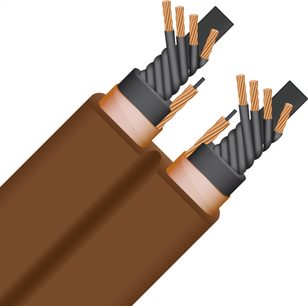 Przewód zasilający Electra 10 Power 2m, przecięty, osłona brązowa, skręcone przewodniki miedziane, izolacja czarna i przezroczysta.