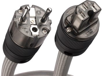 STPC-TS netsnoer 1,5m, close-up, mannelijke en vrouwelijke connectoren, zilverkleurige afwerking, zwarte uiteinden