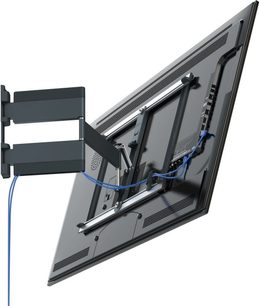 Suporte de TV articulado de braço duplo, em metal preto, com gestão de cabos integrada, fixado em um painel cinza claro