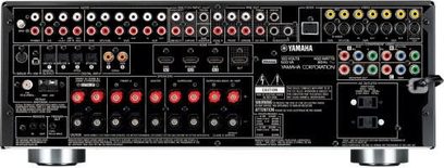 Yamaha RX-V863 hjemmebiograf-forstærker, frontpanel, frontvisning, mange stik og knapper, digitalt display, sort farve