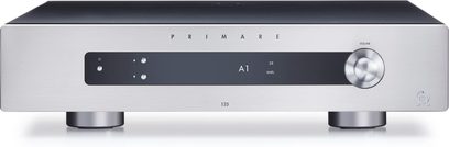 Primare I25 silver stereo hi-fi amplifier, sleek front panel, central display, volume knob, headphone jack