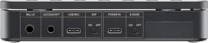 A FiiO DM13 BT magas minőségű CD-lejátszó hátsó nézete, matt fekete fémházzal, 4,4 mm-es BAL és 3,5 mm-es LO/COAX/OPT jack csatlakozókkal, két USB-C USB REC és POWER IN porttal, valamint két ESP és D.MODE be-/kikapcsoló csúszkával.