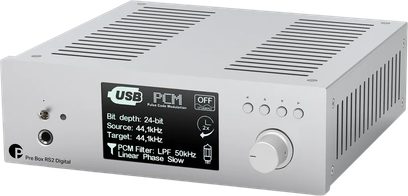 Stereo-Vorverstärker Pro-Ject Pre Box RS2 Digital silber, Frontplatte mit schwarzem Display, runden Tasten und großem Drehregler