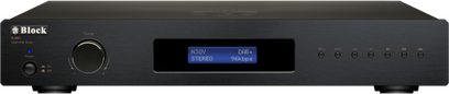 Tuner DAB+/FM Block R-250+ μαύρο, μεταλλικό βουρτσισμένο περίβλημα, όψη από μπροστά με μεγάλο κουμπί ρύθμισης αριστερά, κεντρική μπλε οθόνη και σειρά μικρών κουμπιών δεξιά