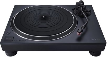 Zwarte Technics SL-1500CEG-K hi-fi draaitafel, bovenaanzicht, ronde draaitafel, rechte tonarm