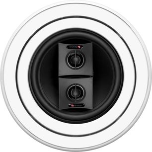 Boston Acoustics HSi460T2 indbygningshøjttaler, to cirkulære sort-grå højttalere, skinnende hvid ramme
