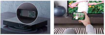 Sort rektangulært kabinet med Sony-logo, set ovenfra, zoom på intern kredsløb; hånd holder smartphone foran tv