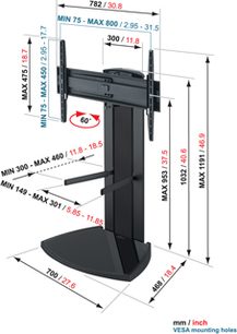 Vogel's EFF 8340 sort audio-/videomøbel, set forfra med mål i mm og tommer, drejelig holder, rektangulær base