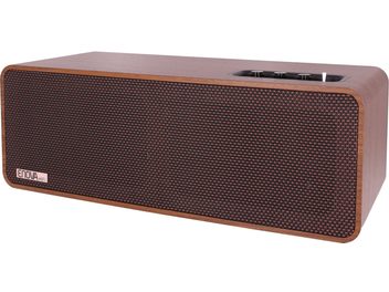 Безжична свързана колонка Enova HIFI VELA V, изглед в перспектива, кафява предна решетка, закръглени ръбове, контролни бутони отгоре