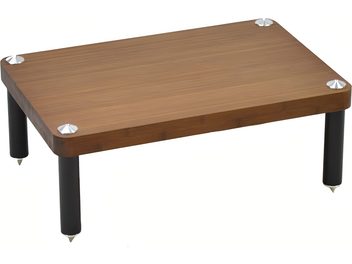 Scaffale rettangolare in legno scuro su 4 piedini cilindrici metallici argentati, visto dall'alto con leggera angolazione dall'alto