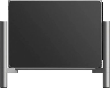 Videoproiettore XGIMI Titan nero pro, vista posteriore con corpo rettangolare nero su supporto grigio