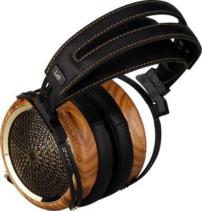 Sluchátka Sendy Audio Peacock Zebra s otevřenou konstrukcí, ze zebraného dřeva a černé kůže, kulaté náušníky, polstrovaný oblouk, pohled z profilu