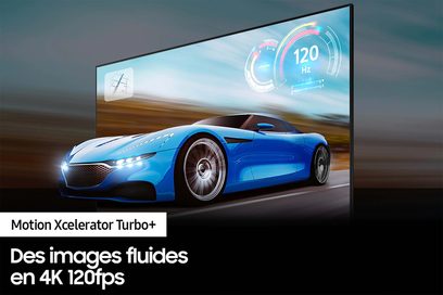Futuristické modré sportovní auto Motion Xcelerator Turbo+ s průhledovým displejem promítajícím "120 Hz" na čelní sklo