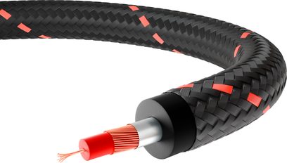 Analogowy przewód audio RCA Triangle RED Stereo, czarny oplot z czerwonymi wstawkami, przekrój ukazujący miedziane przewodniki