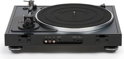 Thorens TD 102 A pladespiller i skinnende sort, set forfra, sort pladetallerken, pickup-arm, knapper og tilslutninger på forsiden