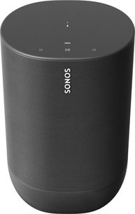 Trådløs, tilsluttet Sonos Move højttaler i sort, set forfra, cylindrisk form, sort gitter, hvidt logo, knapper på toppen