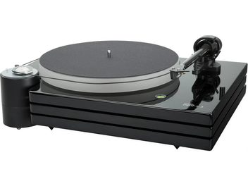 Tocadiscos de alta fidelidad Music Hall MMF 9.3SE negro, vista superior, brazo de lectura, plato giratorio, botones de control