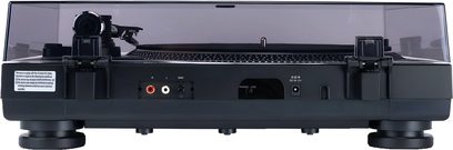 Hi-fi pladespiller Reloop RT-1 BT set bagfra med RCA-stik, phono/line-switch, DC 12V-indgang og runde fødder