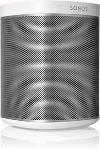 Altavoz inalámbrico conectado Sonos Play 1 blanco, cilíndrico, rejilla metálica perforada en toda la superficie, logotipo de Sonos en la parte superior