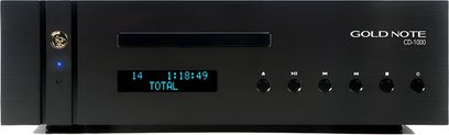 Gold Note CD-1000 CD-afspiller, frontvisning, blå display, kontrolknapper, sort finish, minimalistisk front