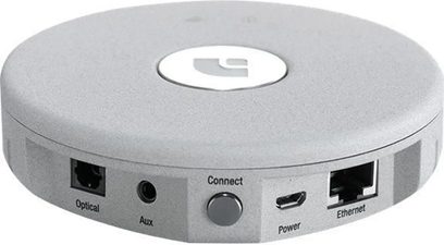 Audio Pro Link 1 netværksaudioafspiller i metalgrå, set oppefra, cylindrisk form, tilslutninger på bagsiden