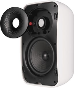 Sonance MX56 udendørshøjttaler i hvid, åben front med woofer, diskant og separat cirkulært, tekstureret gitter
