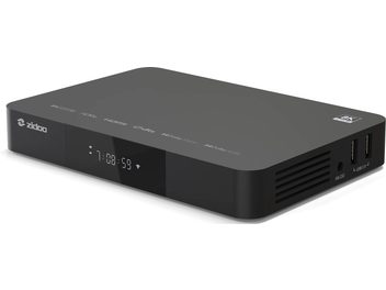 Zidoo Z9X 8K, rechteckiges schwarzes Gehäuse, perspektivische Ansicht, frontales Digitaldisplay, 2 USB-Anschlüsse und seitliche Lüftungsgitter