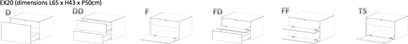 Sonorous Elements EX20 TV-møbel i 6 dimensioner L65 x H43 x D50 cm, overflader D, DD, F, FD, FF og TS, tekniske diagrammer