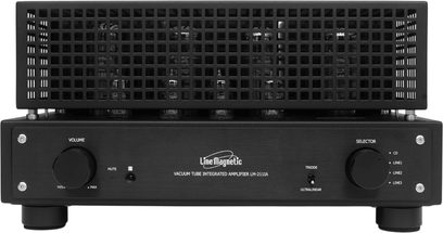 Line Magnetic LM-211IA rørforstærker i sort, børstet metalkabinet, gitterkappe, to knapper, set forfra