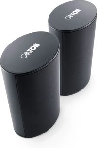 Pár kompaktních hi-fi reproduktorů Canton Puro 30 v černé barvě, zaoblený design s přední mřížkou, pohled mírně shora