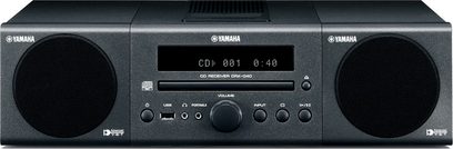 Yamaha MCR-040 black mini hi-fi system, front view, with LCD screen, control buttons and knobs, and two speakers