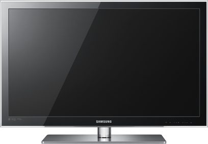 Televisore LED Samsung UE32C6000 da 32 pollici, schermo nero spento, cornice sottile nera, piedistallo argento, vista frontale