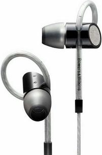 Stříbrná intraaurální sluchátka Bowers & Wilkins C5 s černými silikonovými nástavci a světle šedým opleteným kabelem