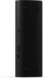 Sistem audio Bluetooth Sonos Roam 2 negru, prezentat în profil, cu 4 butoane, 2 grile de difuzoare și 4 picioare antiderapante
