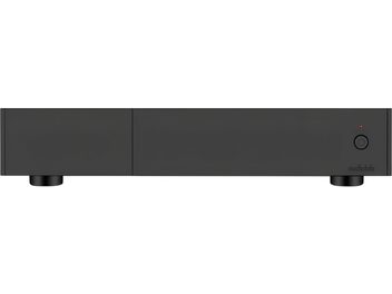 Amplificateur de puissance haute-fidélité Audiolab 9000P noir, façade épurée avec bouton marche rond et LED rouge à droite
