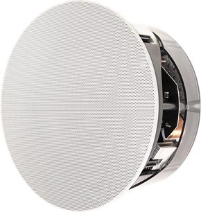 Ceiling-mounted speaker P65-RX v2, angled view, white perforated circular grille, partially visible internal structure